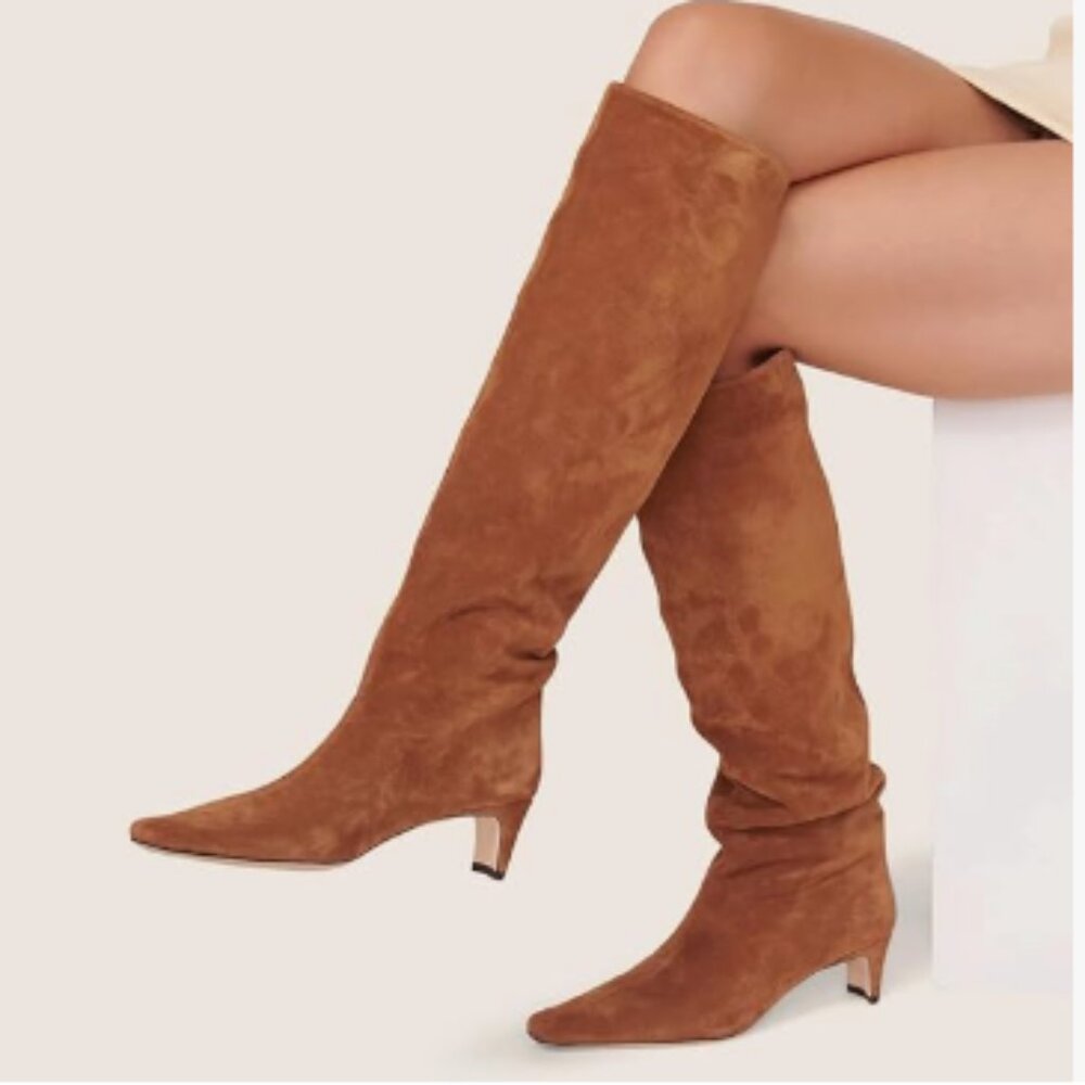 Chodolate Suede Low Heel Pull on Knee High Boots Stylish Square Toe Boots